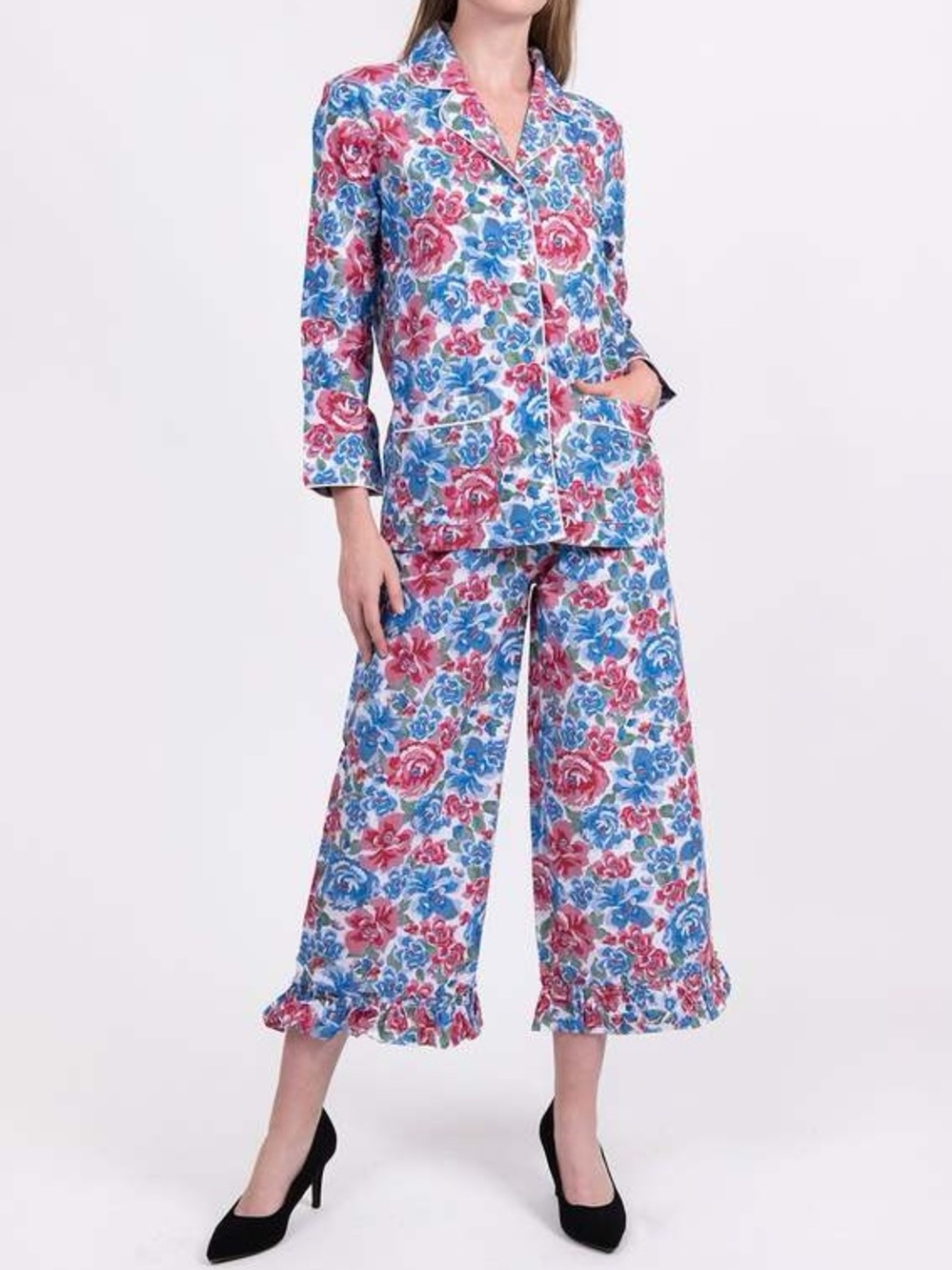 BATSHEVA LARGE 100% cotton blue pink floral print pajama sleep set